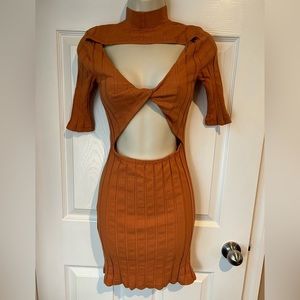 MONROW Cut Out Ribbed‎ Orange Short Sleeve High Mock Neck Dress Size Small NWOT
